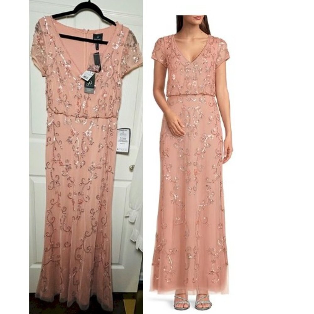 Adrianna Papell V-Neck Beaded Short-Sleeve Gown in Peachy Coral Coast Size 8